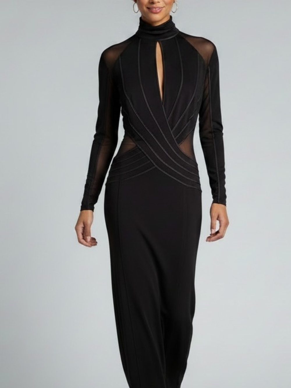 TADASHI SHOJI Black Long Sleeve Mesh Inset Mock Neck Gown Maxi Dress Sheer 10 12